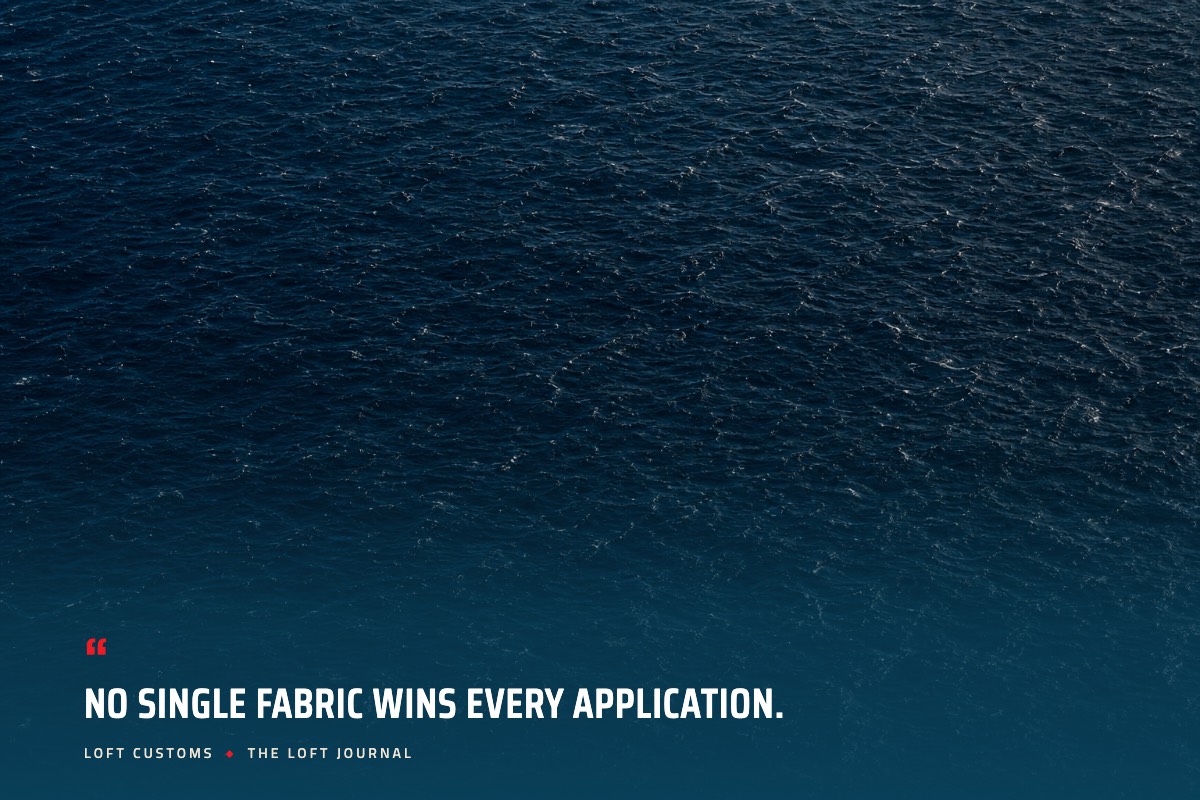 Pull quote over aerial ocean water: No single fabric wins every application. Loft Customs, The Loft Journal