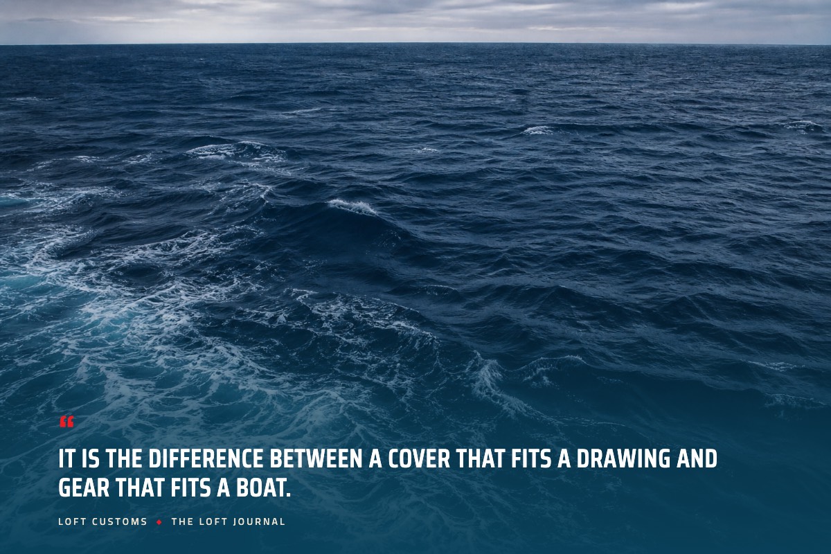 Pull quote over aerial ocean water: It is the difference between a cover that fits a drawing and gear that fits a boat. Loft Customs, The Loft Journal